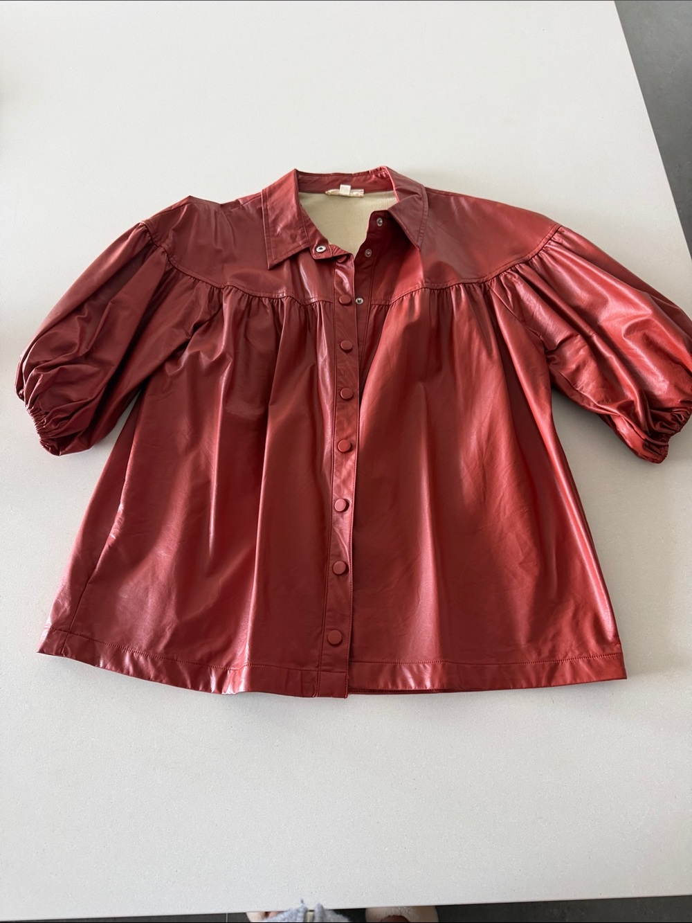 Entro Burnt Orange Faux Leather Button-Front Puff Sleeve Blouse